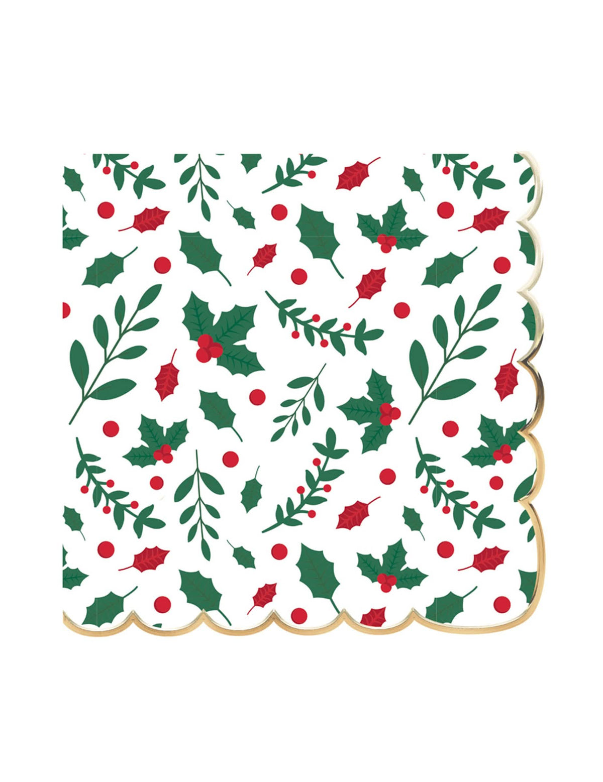 Serviettes en papier festonnées houx pour Noël blanches et vertes avec bord doré