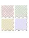 Serviettes en papier à motifs carreaux pour fête lilas rose jaune vert et bordure or ondulée