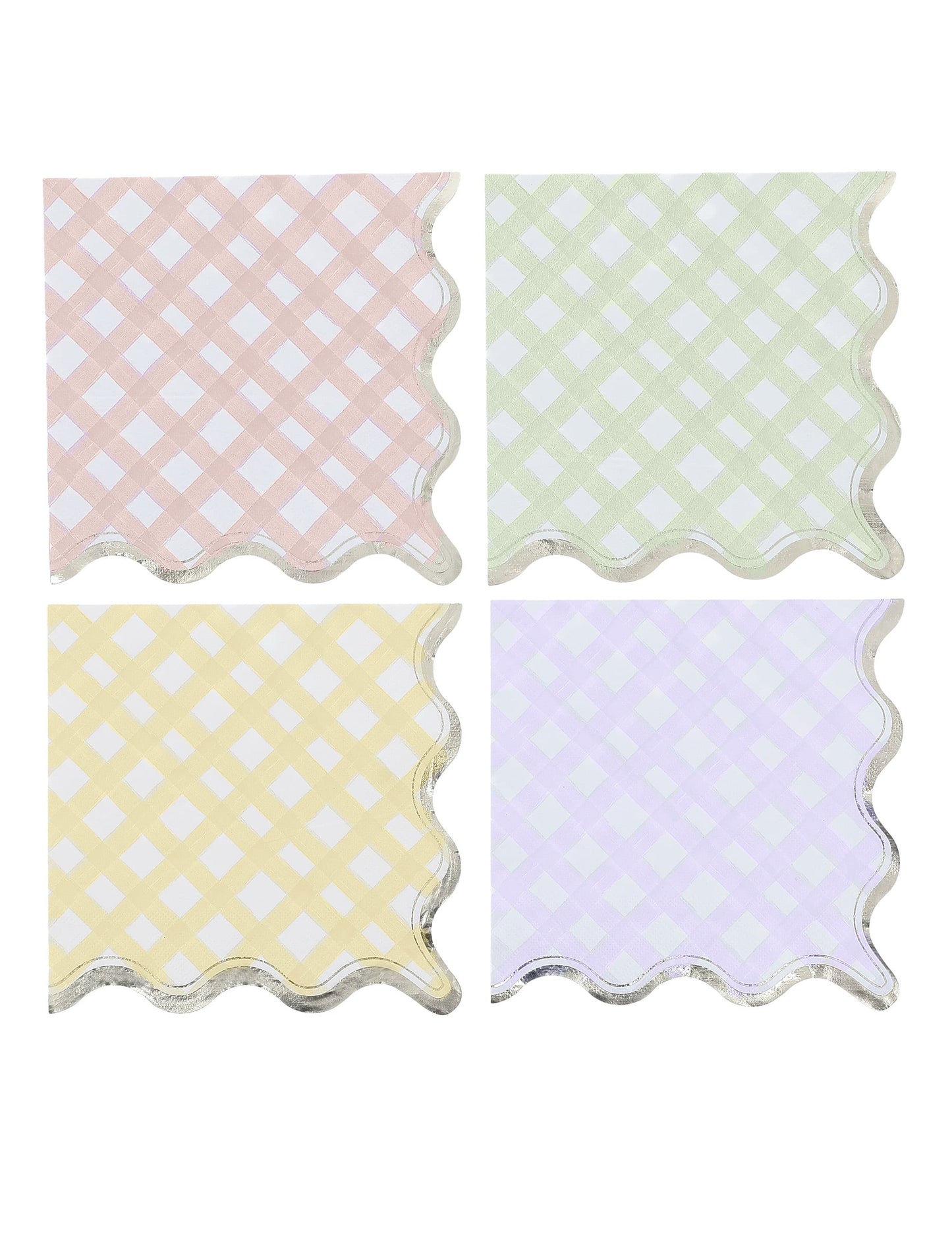 Serviettes en papier à motifs carreaux pour fête lilas rose jaune vert et bordure or ondulée