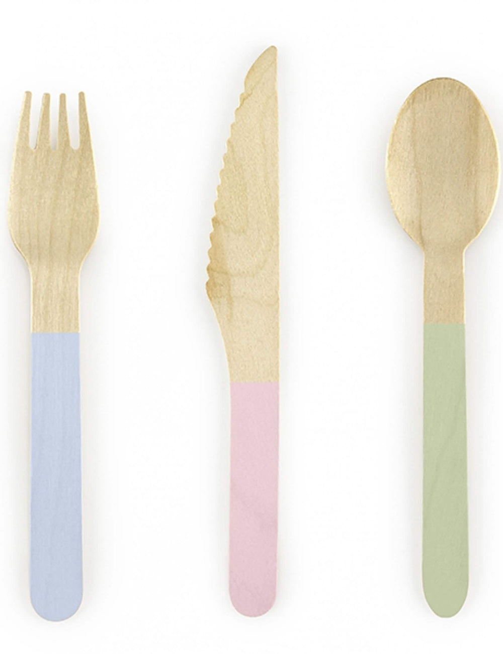 Couverts en bois avec manche en couleurs pastels pour fête bleu rose et vert