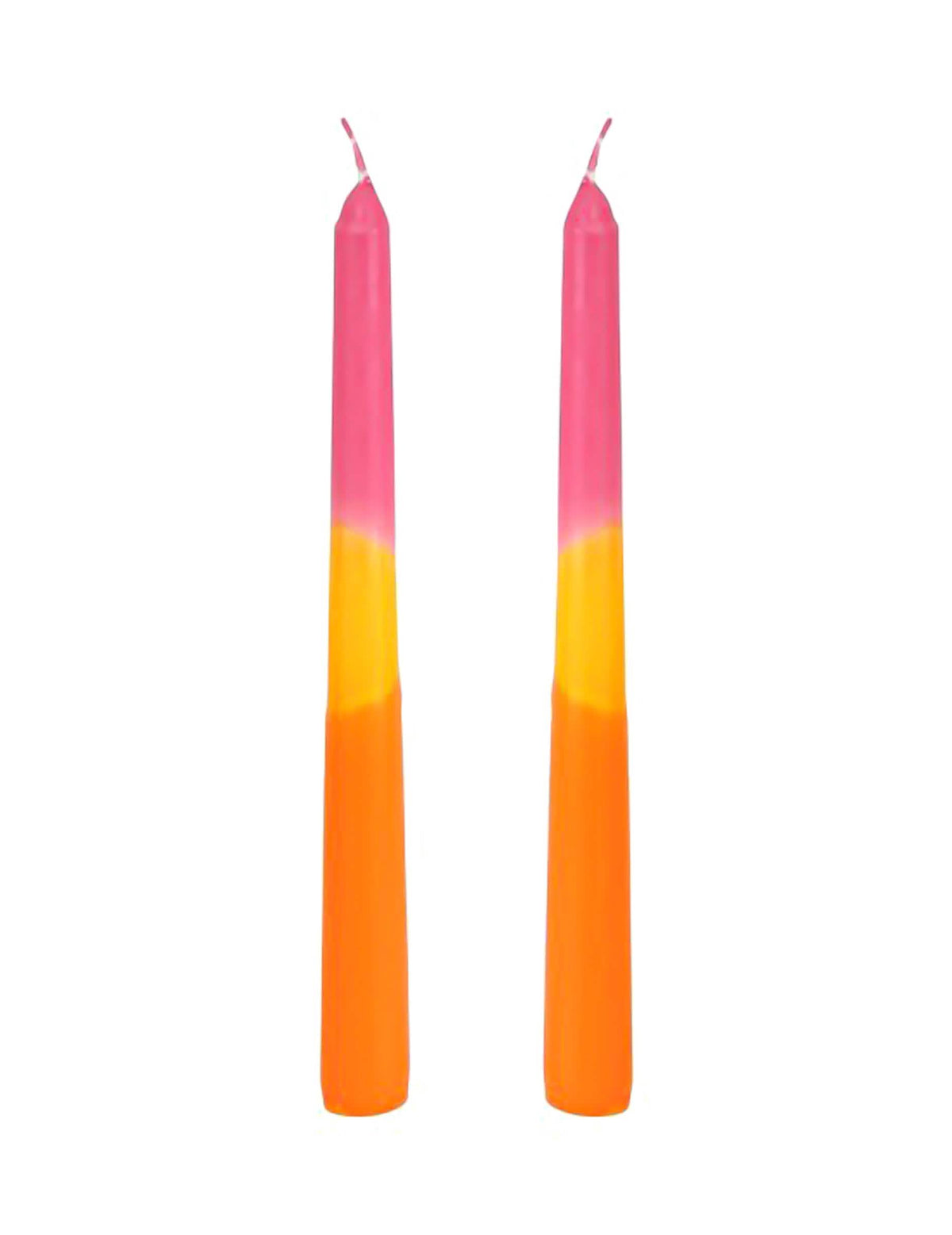 2 Dinerkaarsen roze, geel, oranje 25 cm