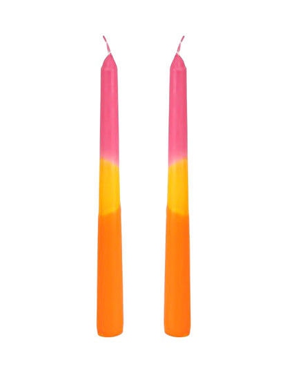 2 Dinerkaarsen roze, geel, oranje 25 cm