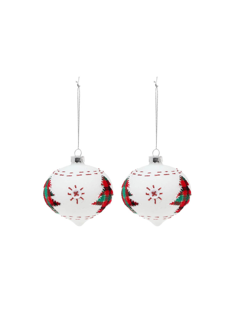 Boules en verre avec sapins pour décoration de Noël blanches avec motifs écossais rouges et verts