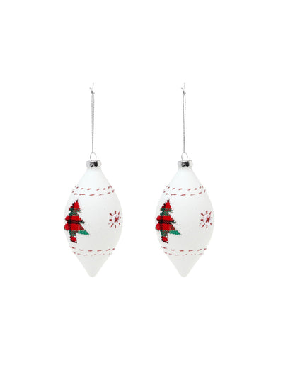 2 boules en verre goutte décor traditionnel blanches avec sapins rouges et verts