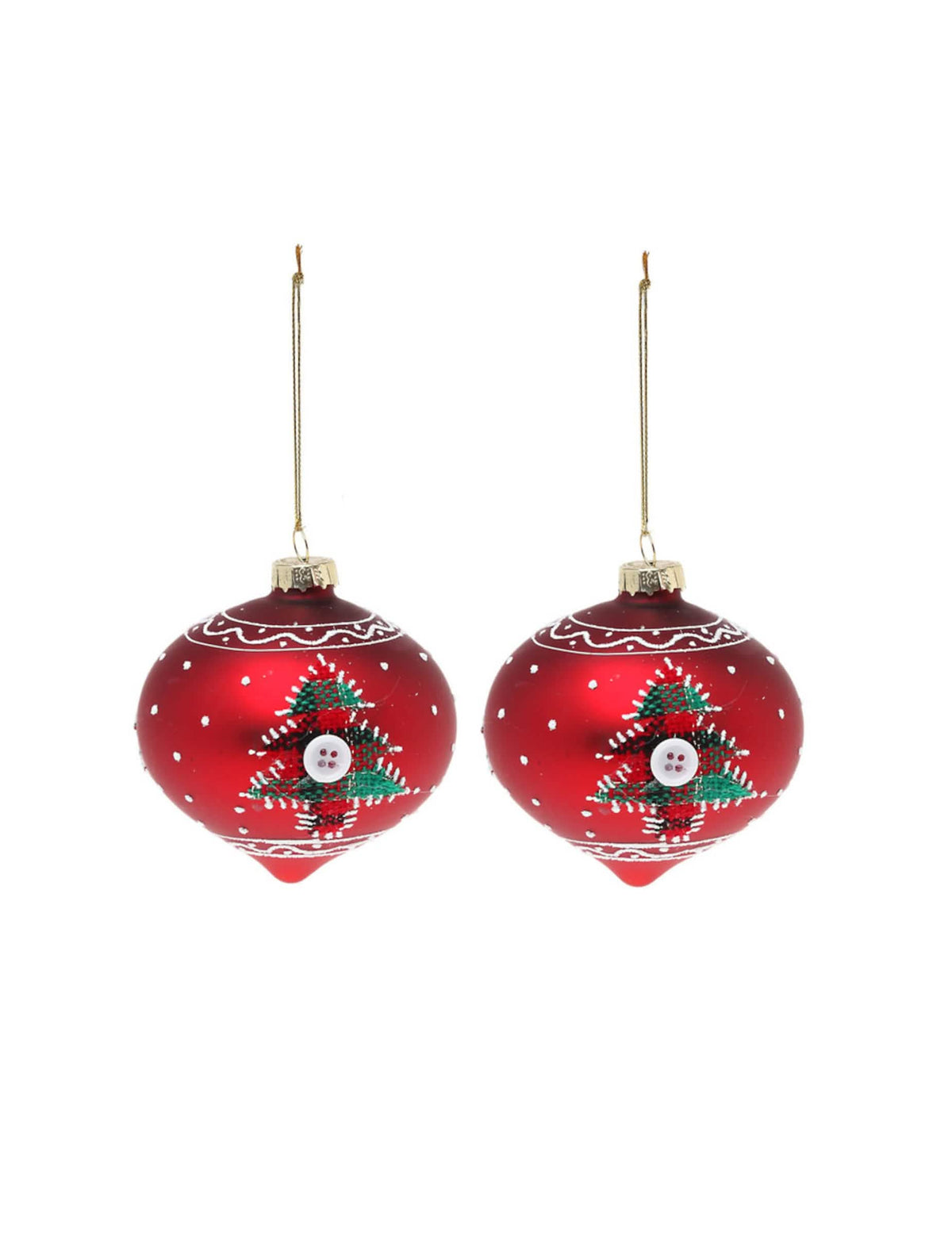 Glazen kerstballen in rode dennen met Schots motief en wit knoopje