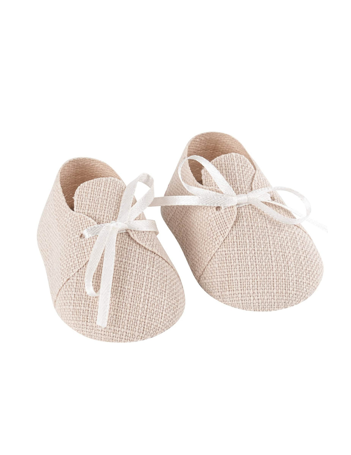 Contenants en forme de chaussures bébé effet lin beige avec rubans blancs
