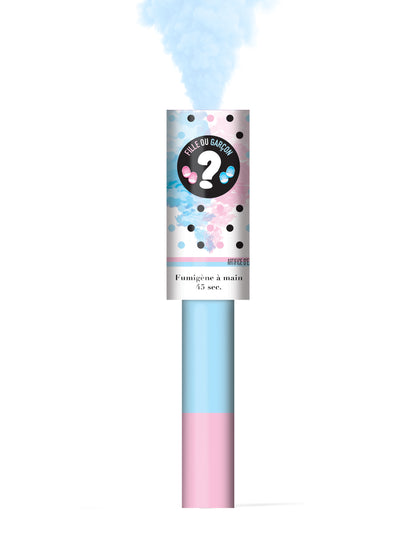 Vue du jet de fumée bleue du Fumigènes à main Gender Reveal pour fête