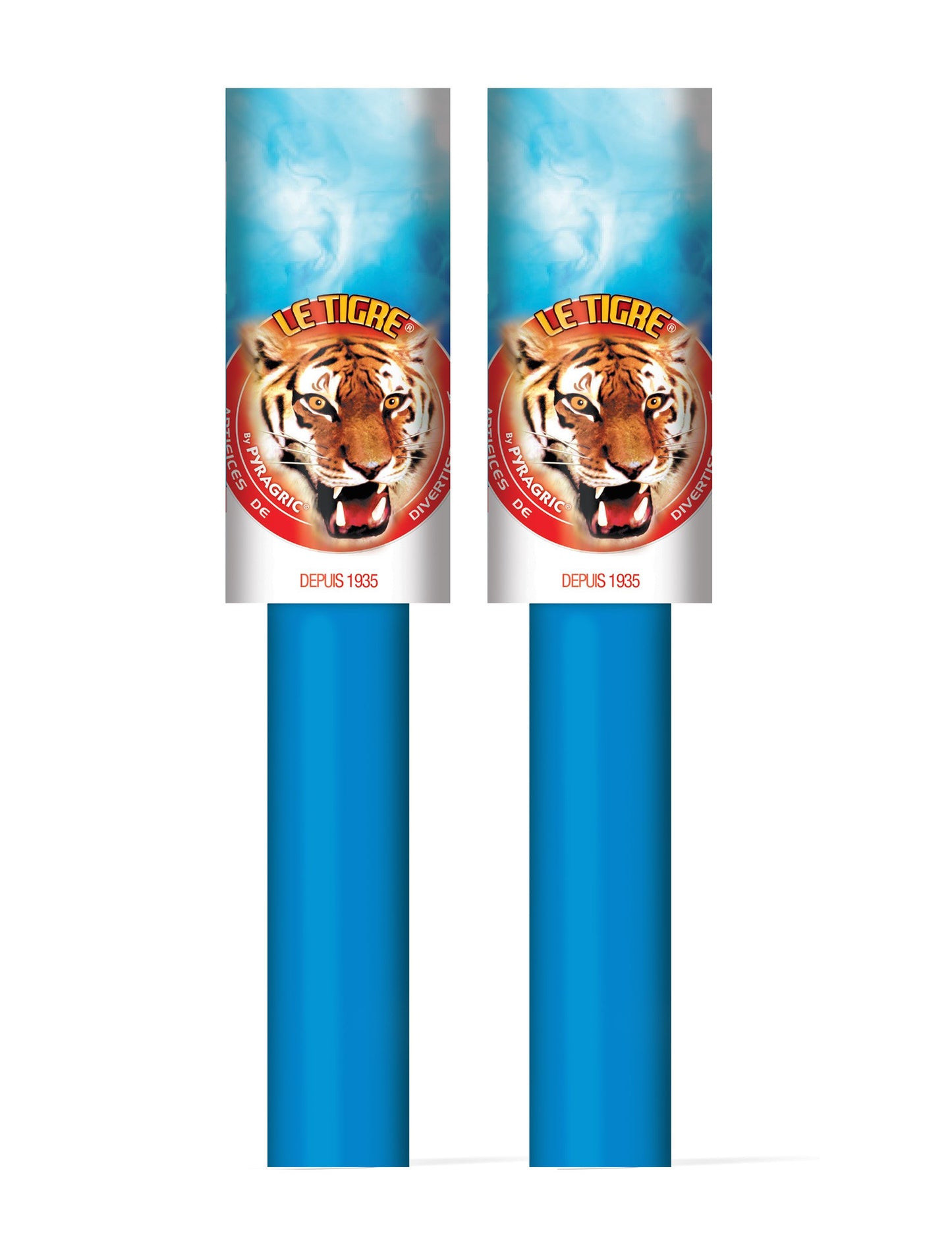 Détail du packaging des 2 fumigènes à main pour adulte bleus 45 secondes