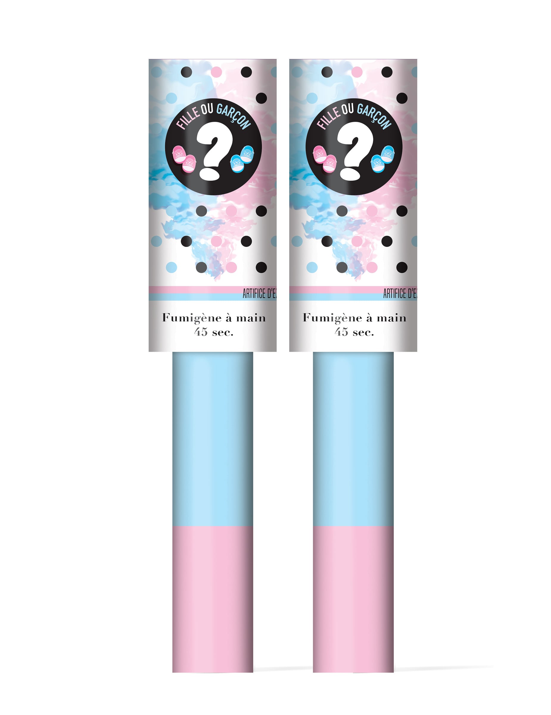 Vue de face des deux tubes des Fumigènes à main Gender Reveal