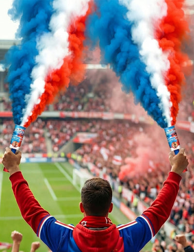 Fumigènes à main tricolores pour supporter bleu blanc rouge 45 secondes