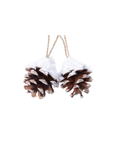 Suspensions pommes de pin pour décoration naturelles marron et blanc enneigées