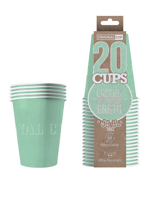 Vue de l'emballage et du lot de gobelets américains carton recyclable menthe 53 cl