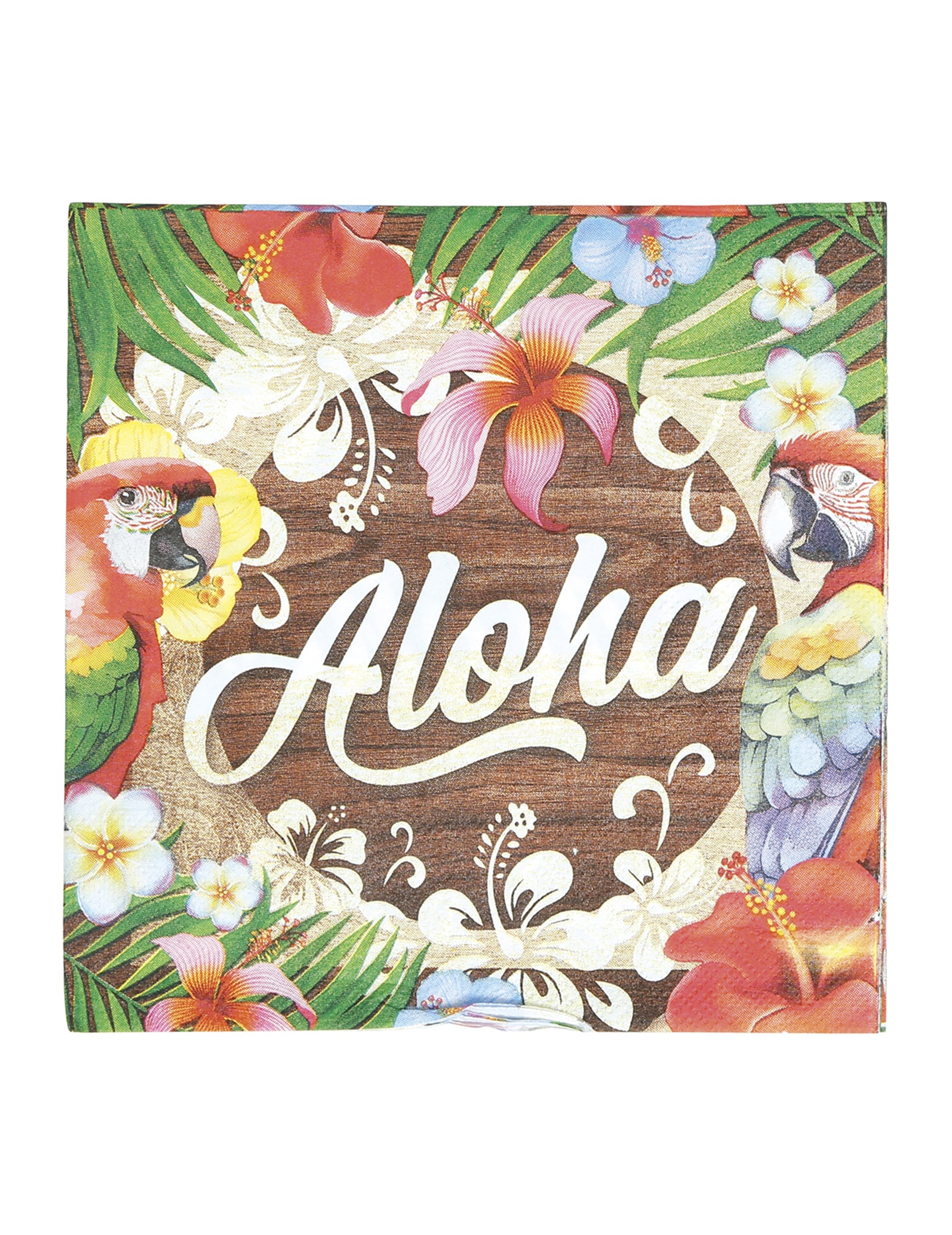 Serviettes Aloha Hawaï avec motifs tropicaux de perroquets et fleurs d'hibiscus sur fond bois