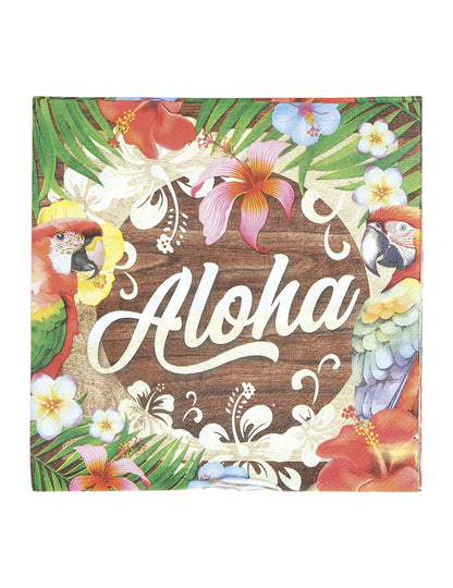 Serviettes Aloha Hawaï avec motifs tropicaux de perroquets et fleurs d'hibiscus sur fond bois