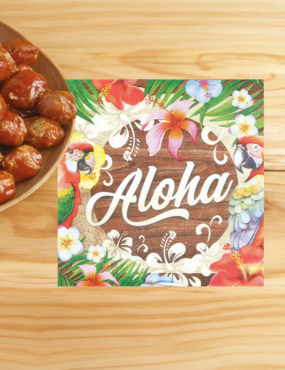 Mise en situation sur table des serviettes Aloha Hawaï