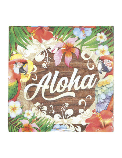 Serviettes Aloha Hawaï avec motifs tropicaux de perroquets et fleurs d'hibiscus sur fond bois