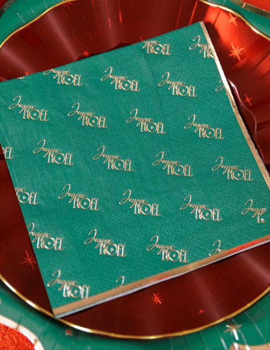 20 serviettes cocktail Joyeux Noël intemporel vert et or 24 x 24 cm