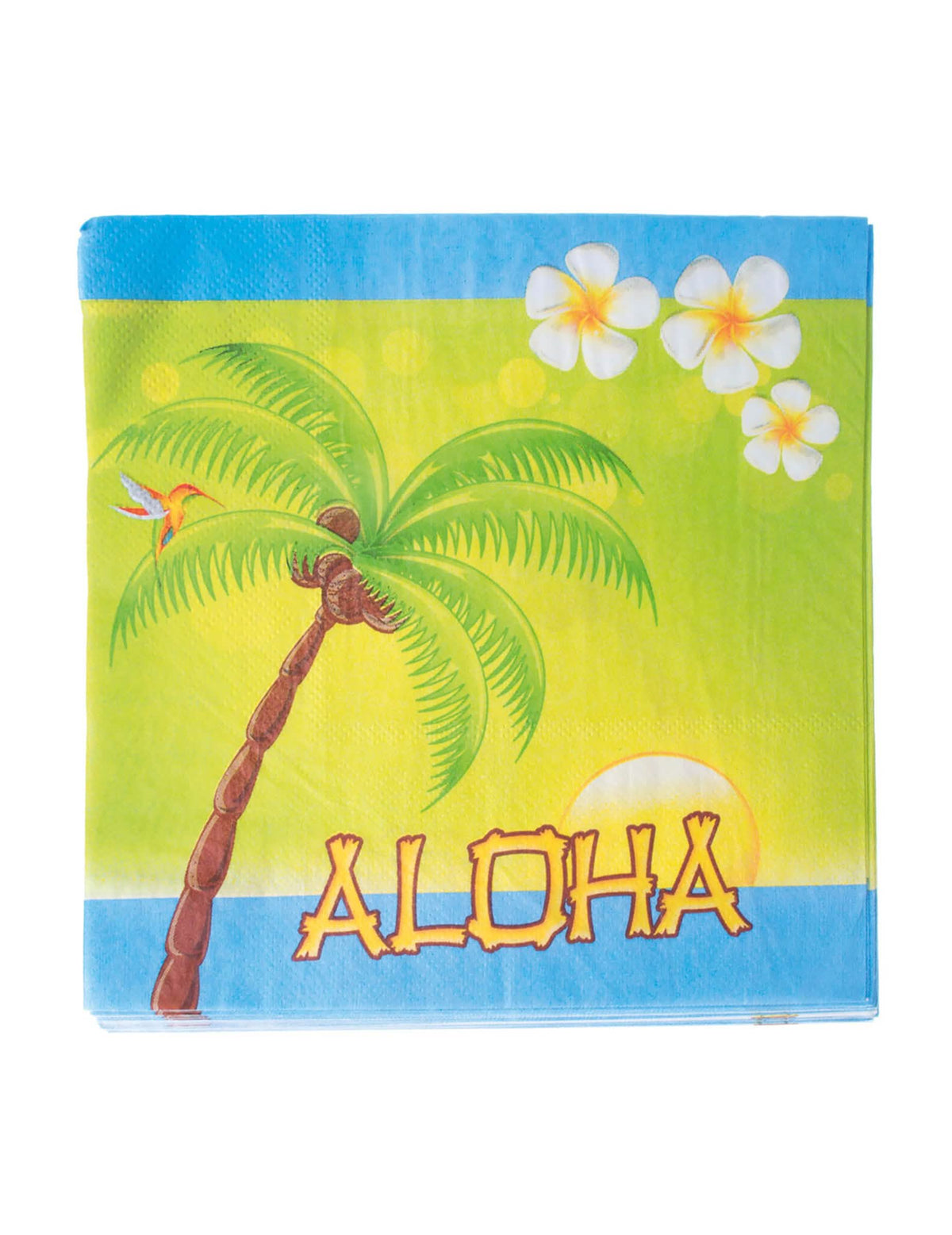 Serviettes en papier Aloha pour fête bleues et vertes avec motif palmier et fleurs exotiques