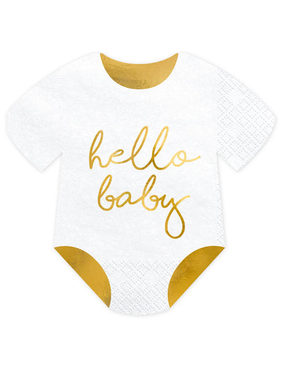 Serviettes en papier body Hello Baby pour baby shower blanc et doré