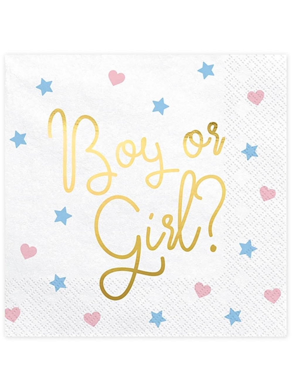Serviettes en papier Boy or Girl pour baby shower blanches avec inscriptions dorées cœurs et étoiles