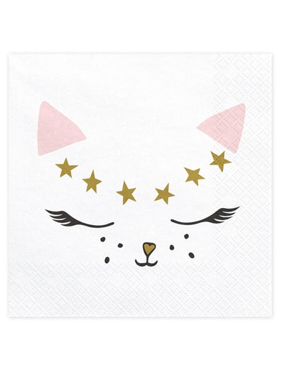 Serviettes en papier chaton blanc avec étoiles dorées et oreilles roses
