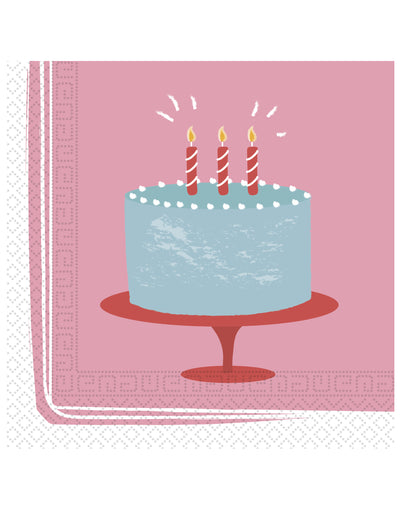 Serviettes en papier gâteau d'anniversaire pastel rose avec motif de gâteau bleu