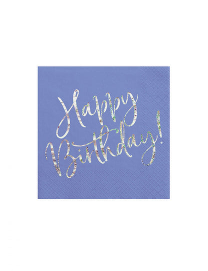 Serviettes en papier Happy Birthday iridescent pour anniversaire bleu lavande
