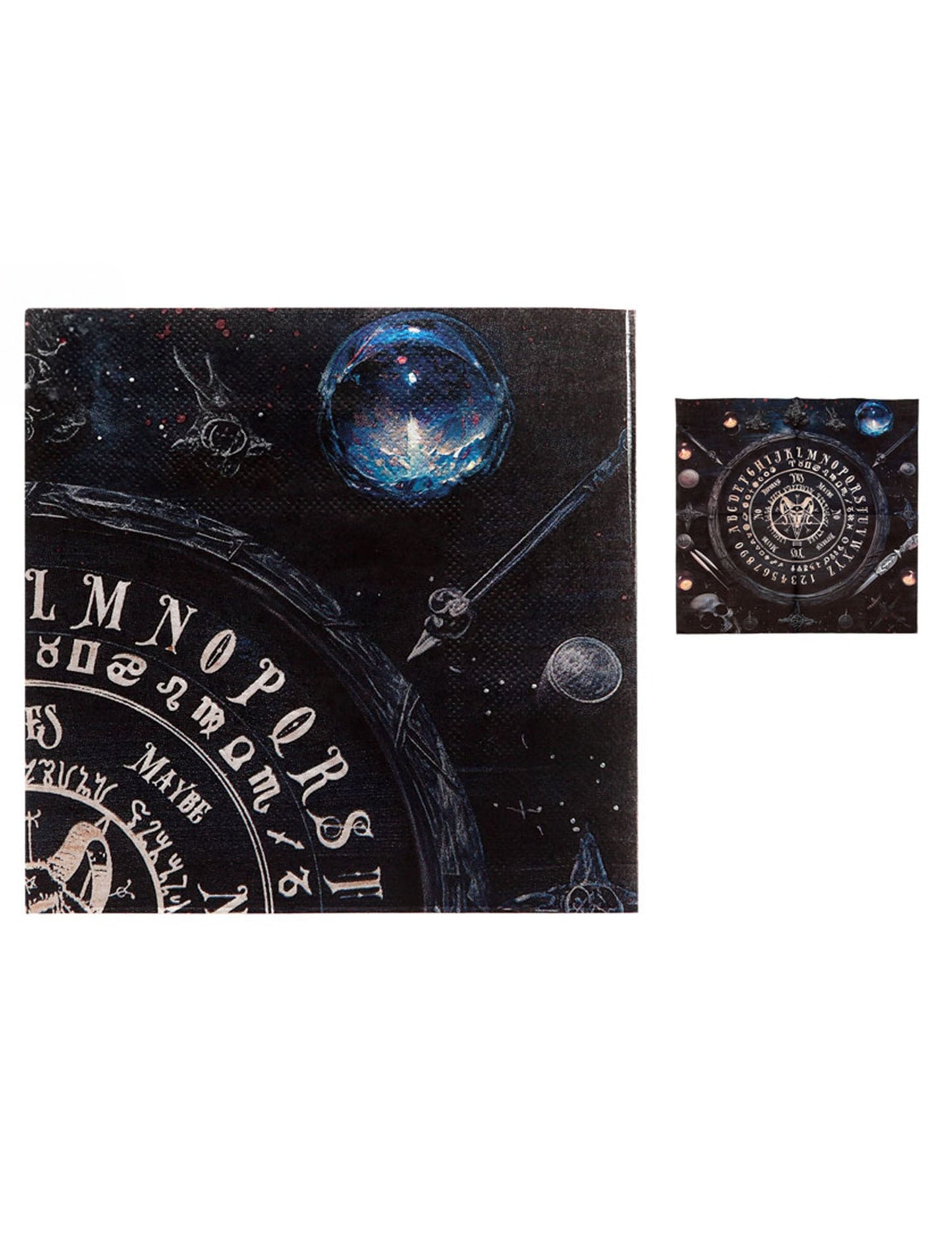 Serviettes en papier Ouija pour fête noires avec motifs mystiques de planchette et crâne