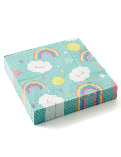 Serviettes en papier petit nuage arc-en-ciel bleu turquoise avec motifs souriants