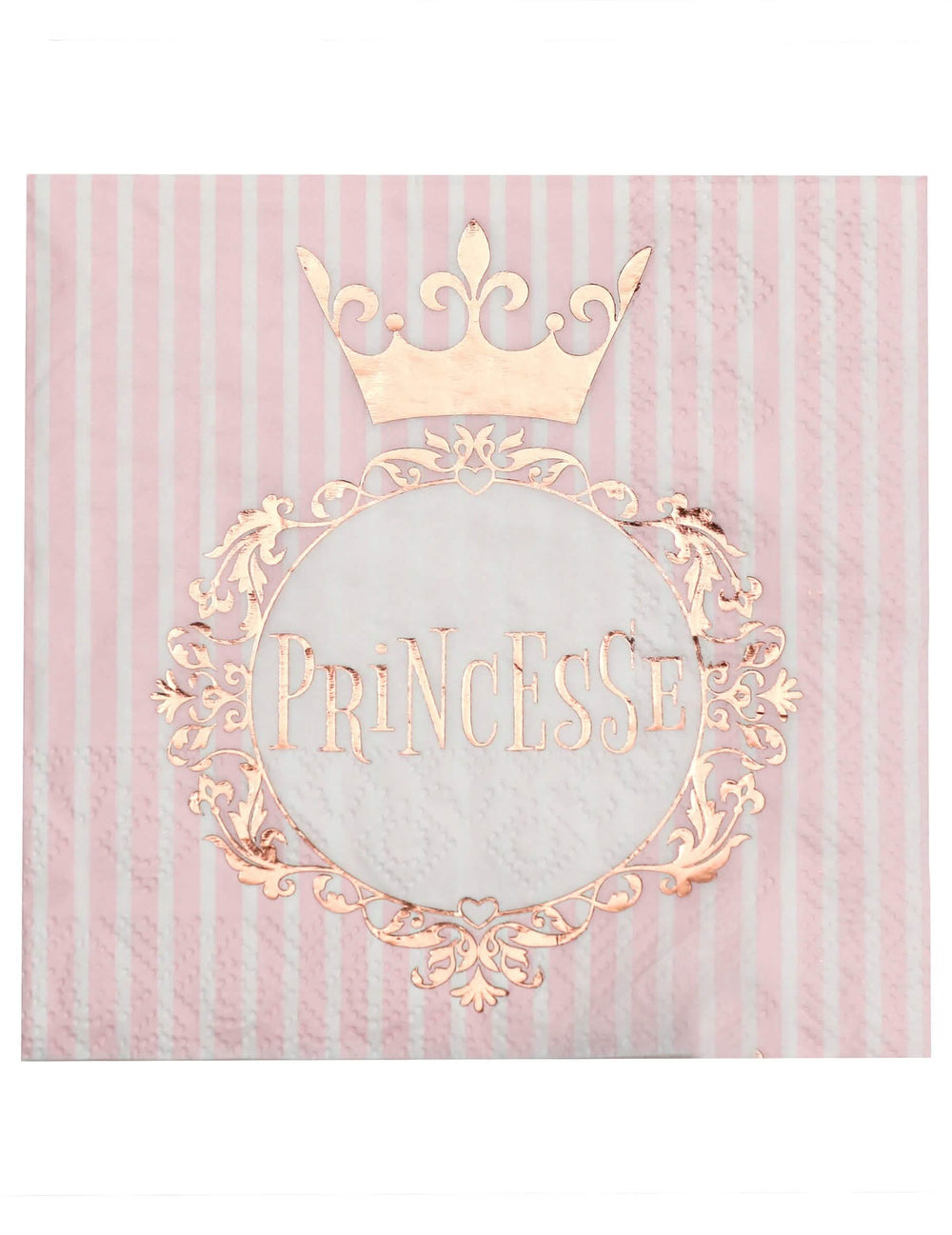 Serviettes Princesse rose gold à rayures roses et blanches avec motif de couronne