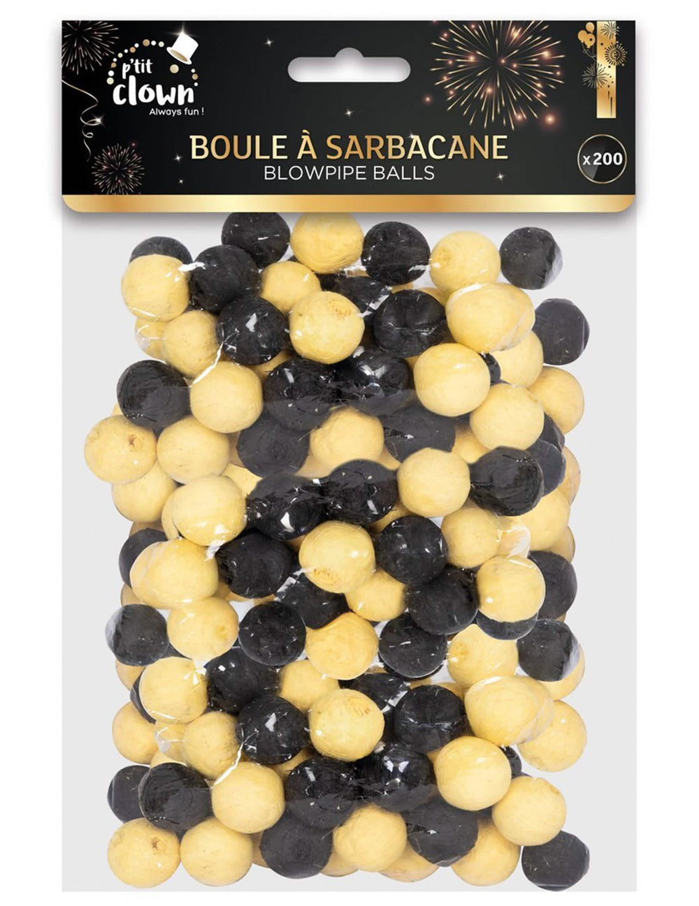 Détail du packaging des boules à sarbacane pour enfant et adulte noir et or lot de 200