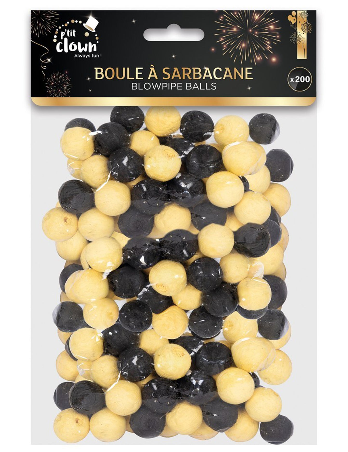 Détail du packaging des boules à sarbacane pour enfant et adulte noir et or lot de 200