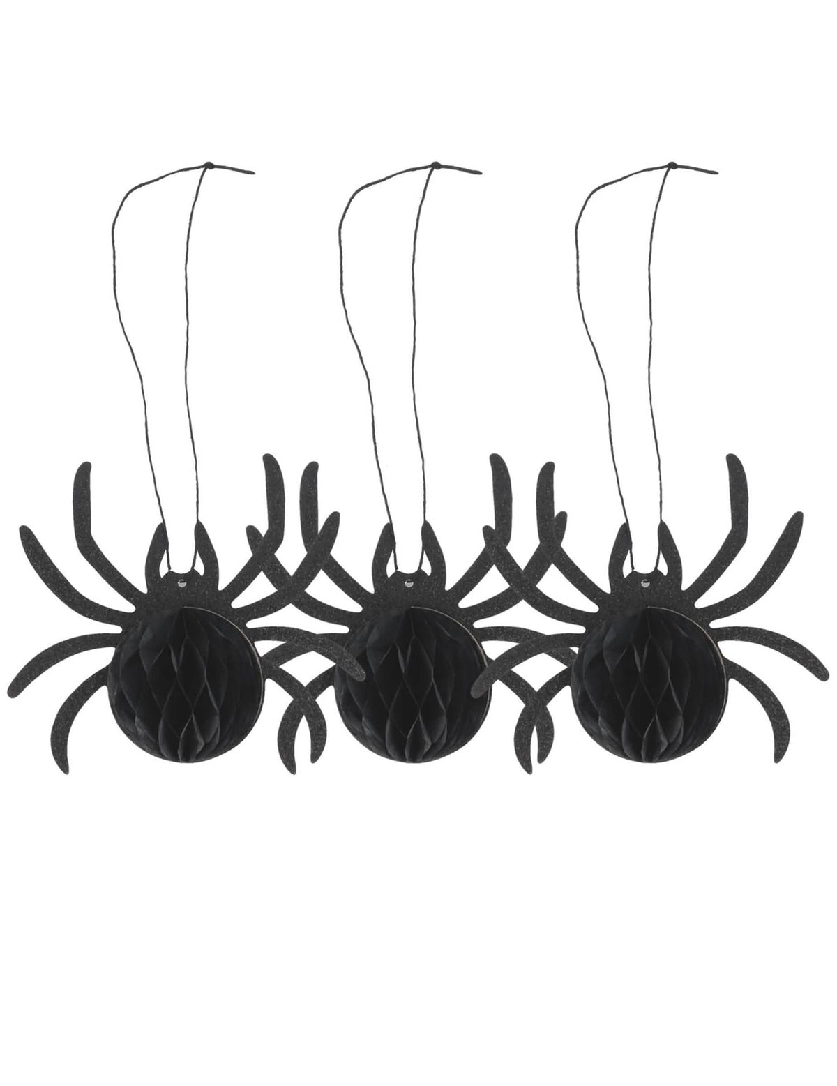 3 araignées en papier alvéolé noir à paillettes 14 x 12 x 6 cm