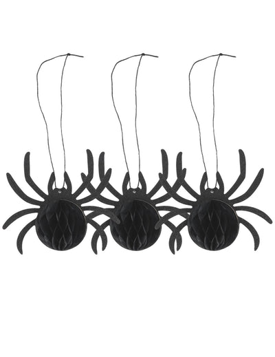 3 araignées en papier alvéolé noir à paillettes 14 x 12 x 6 cm