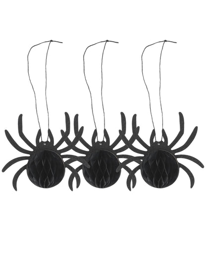 3 araignées en papier alvéolé noir à paillettes 14 x 12 x 6 cm