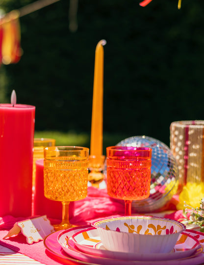 3 Bougeoirs à chandelles en verre rose, jaune et orange 10 cm