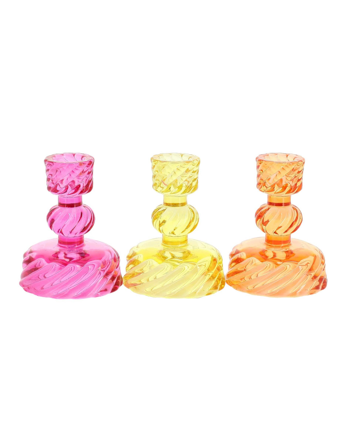 3 Bougeoirs à chandelles en verre rose, jaune et orange 10 cm