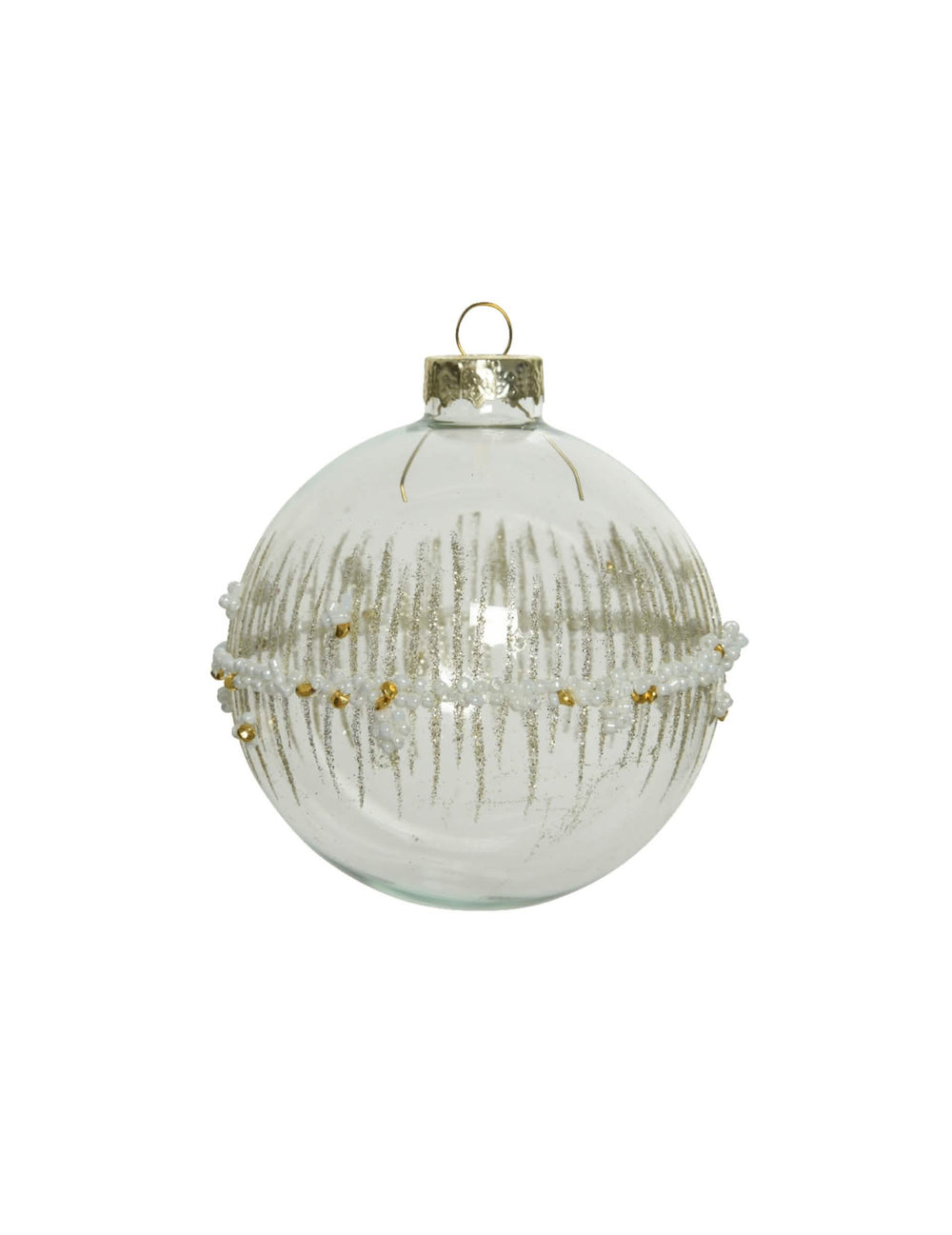 Boule de noël pour décoration en verre transparent avec paillettes or et perles