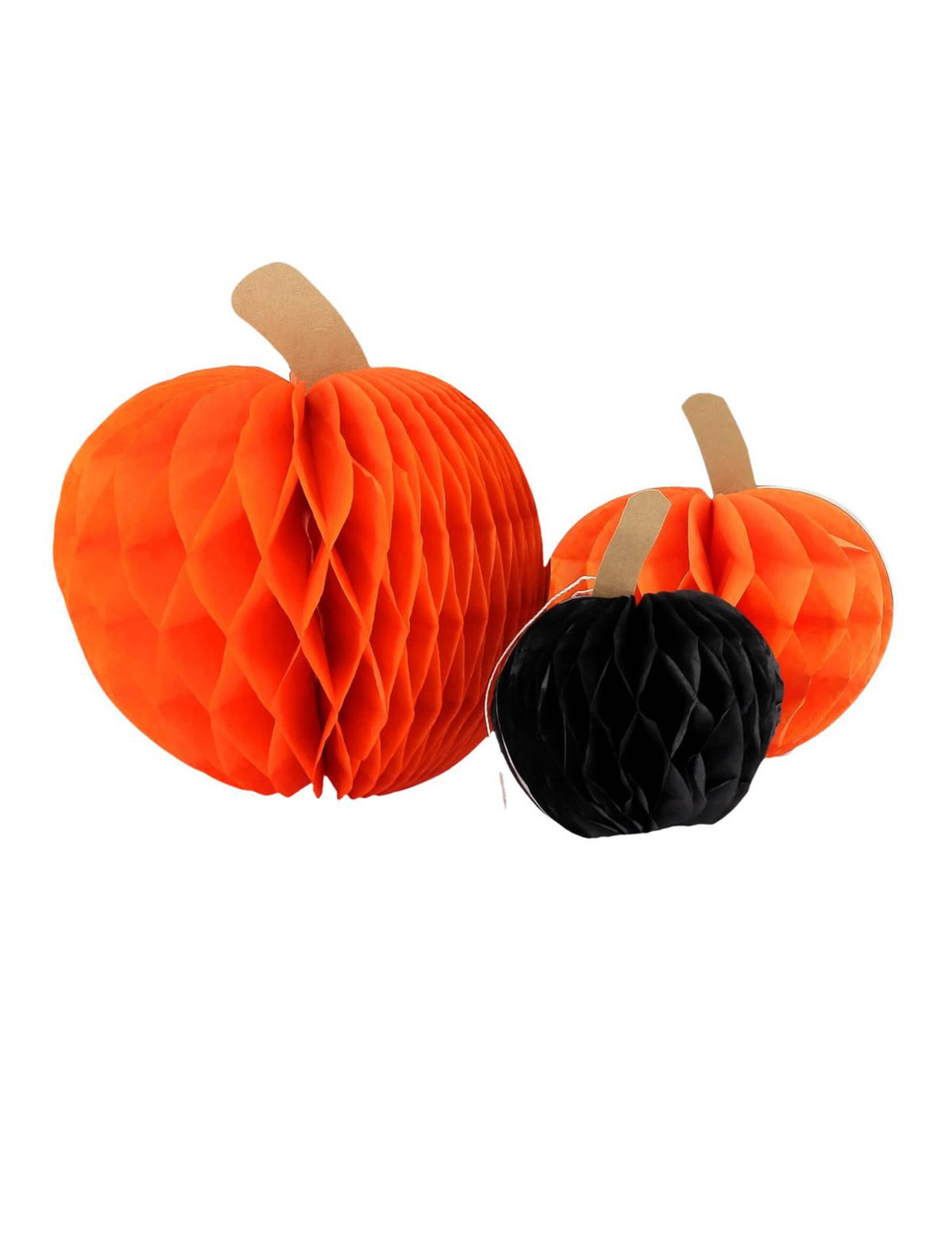 3 citrouilles en papier alvéolé orange et noir 10 cm 13 cm et 18 cm