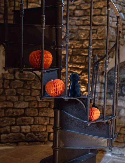 3 citrouilles en papier alvéolé orange et noir 10 cm 13 cm et 18 cm