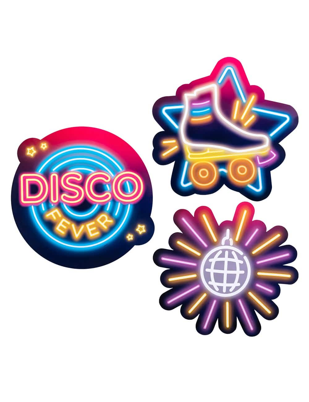 Décorations en carton disco fever pour fête aspect néon rose et bleu avec patin et boule