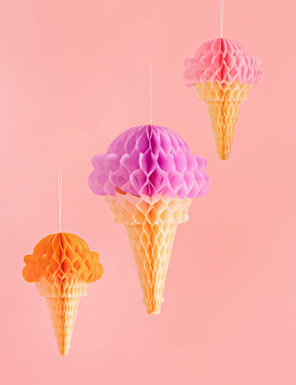 3 Honingraat zijdepapier decoraties ijsje 20 tot 30 cm