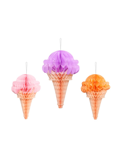 3 Honingraat zijdepapier decoraties ijsje 20 tot 30 cm