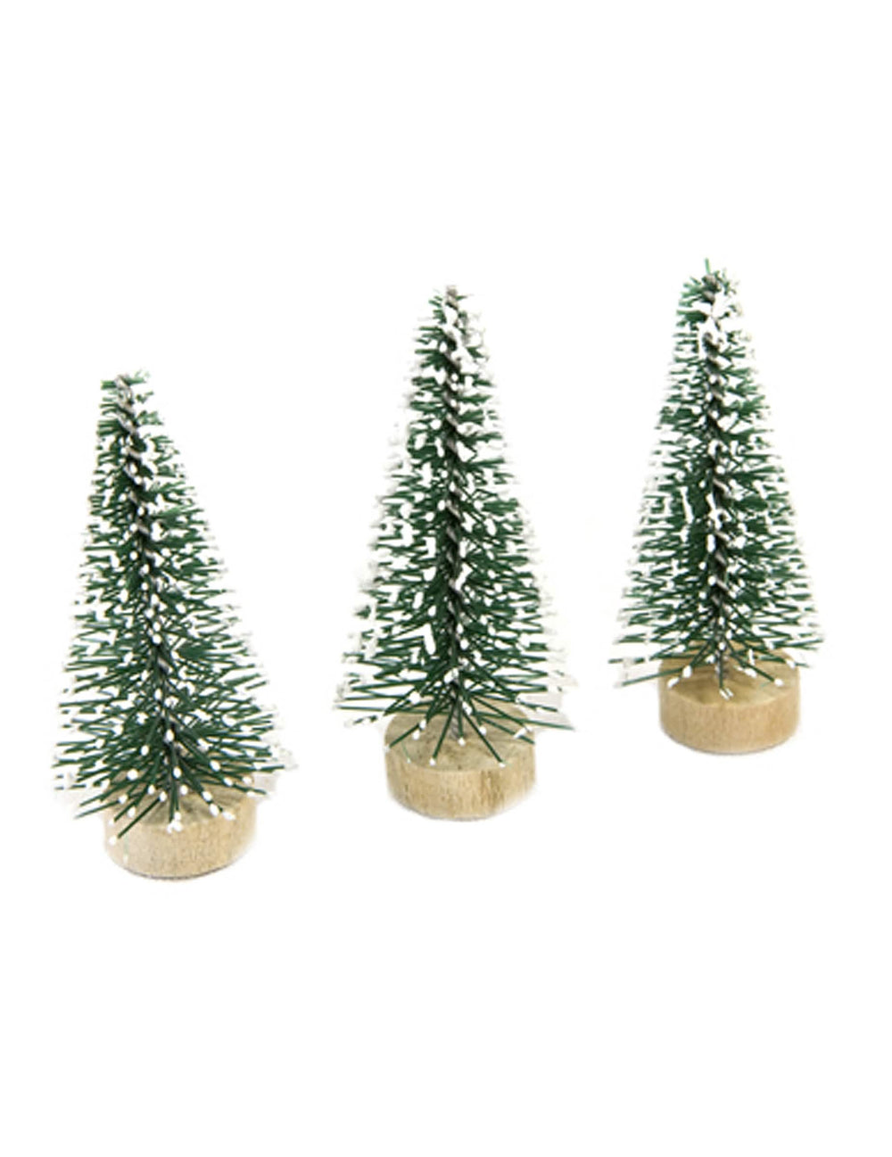 Petits sapins artificiels de Noël pour décoration verts avec pointes blanches et socle en bois
