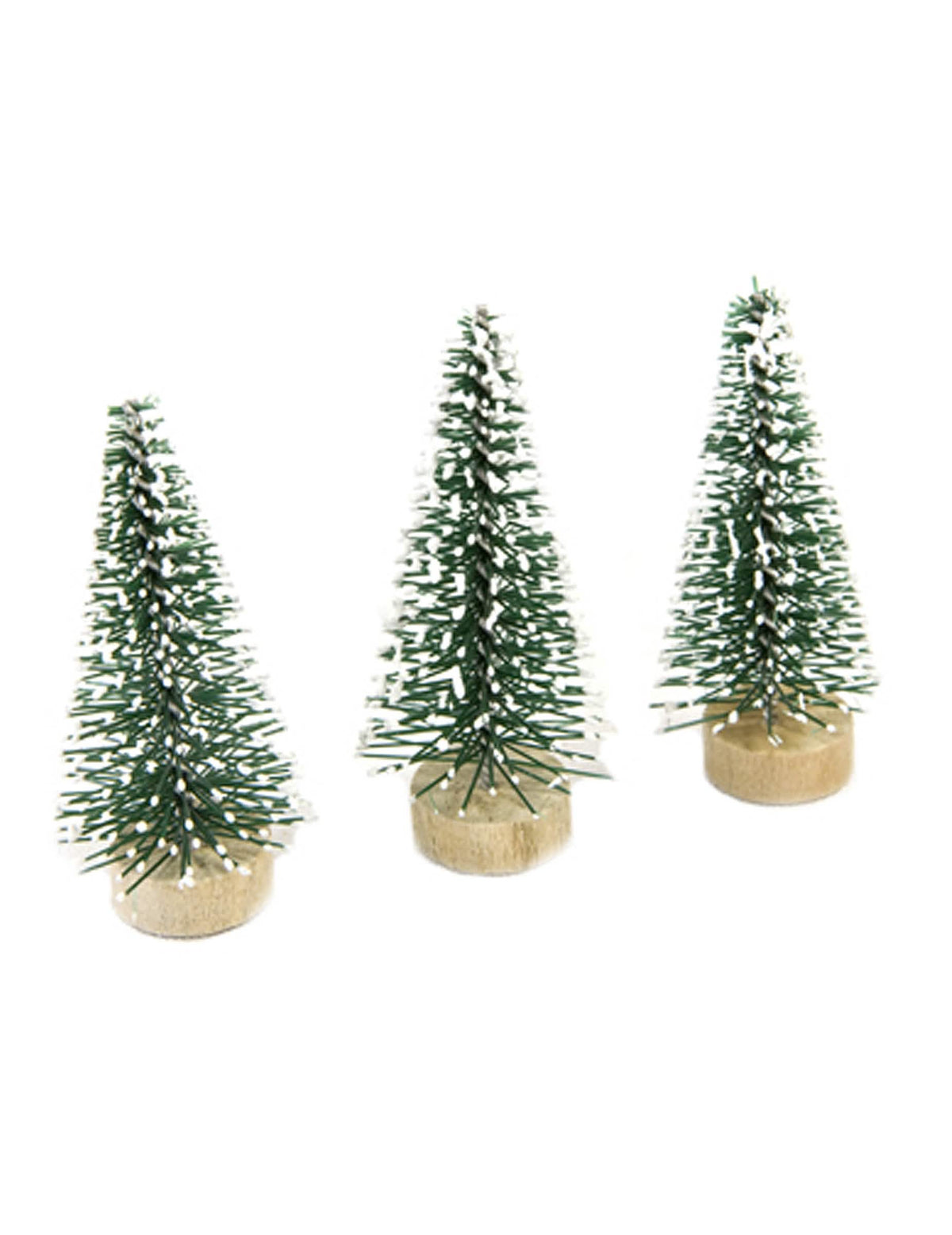 Petits sapins artificiels de Noël pour décoration verts avec pointes blanches et socle en bois