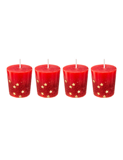 Lot de 4 bougies avec étoiles dorées pour fête rouges en cire pailletée