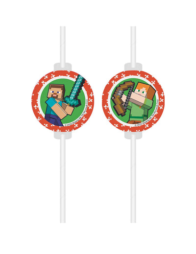 Pailles à boire en papier Minecraft pour enfant avec médaillons rouges Steve et Alex