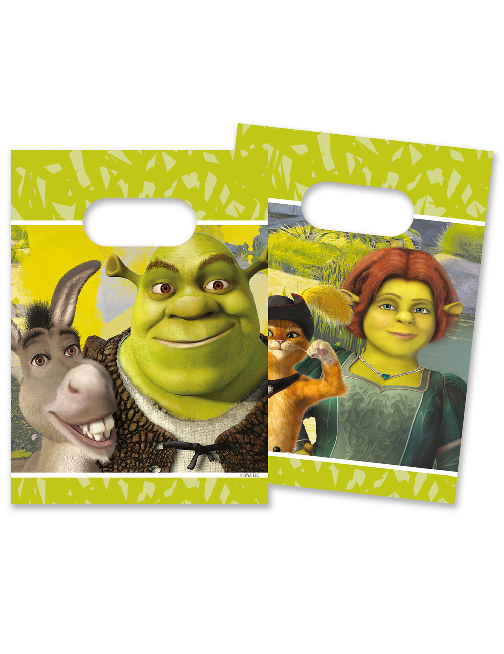 Sacs cadeaux papier Shrek pour enfant vert avec l'Âne Fiona et le Chat Potté