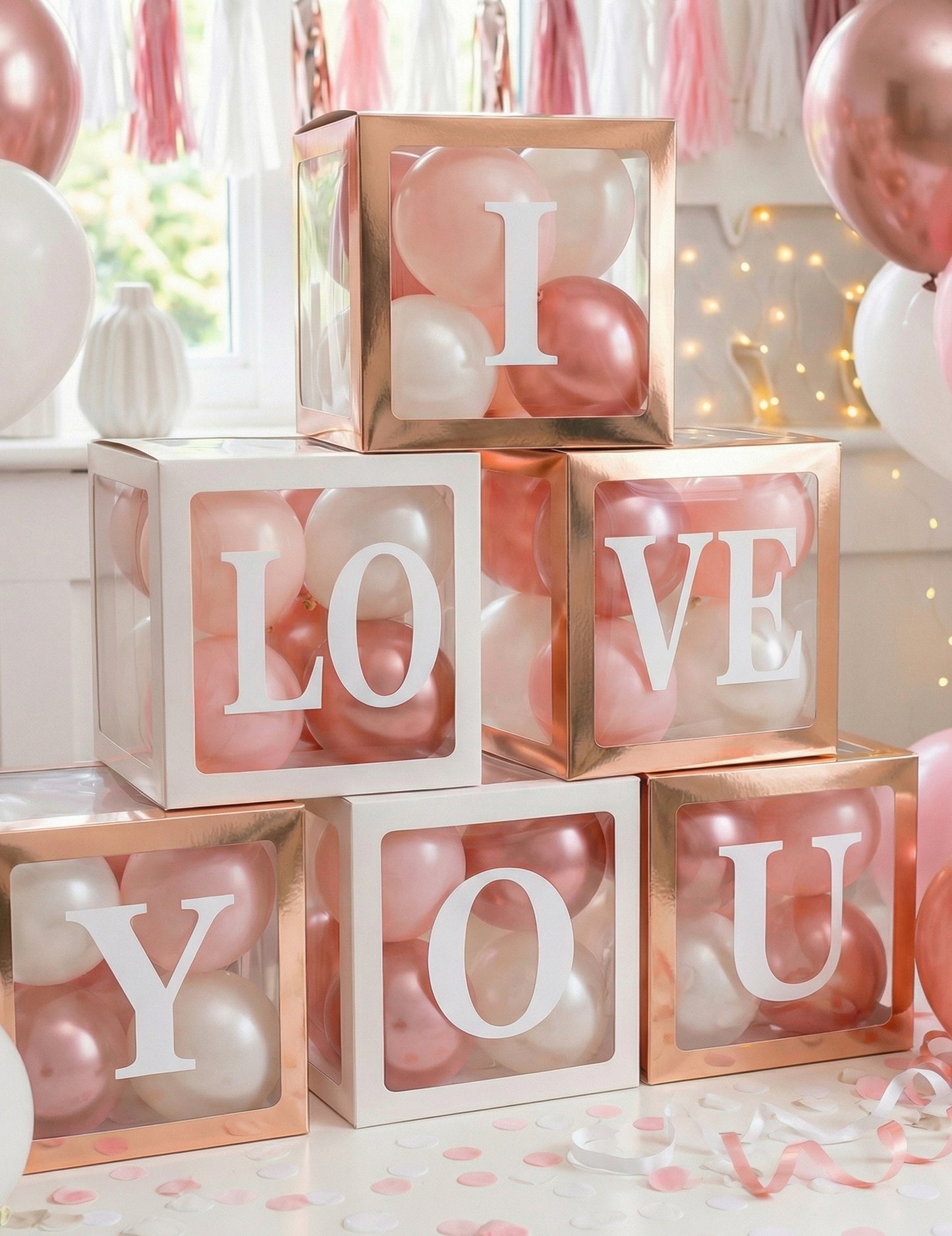 Mise en situation sur des boîtes à ballons des stickers lettres adhésives pour décoration