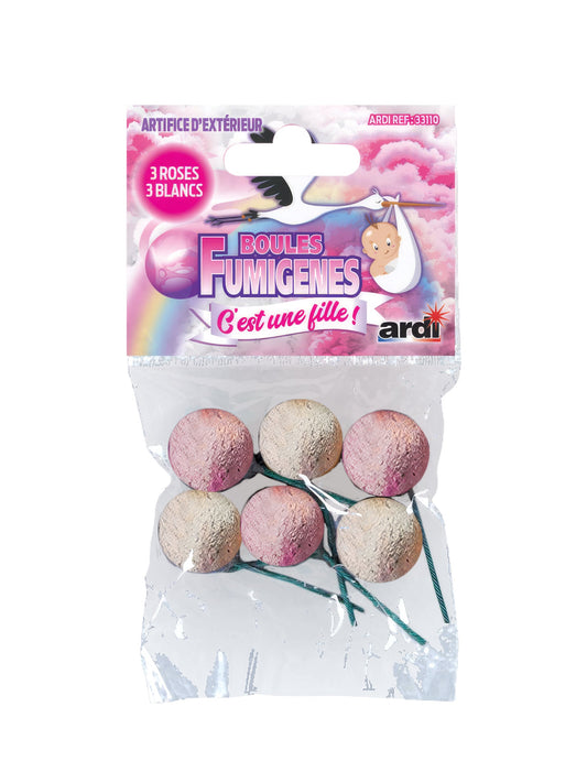 Vue de l'emballage des 6 boules fumigènes blanc et rose pour fête